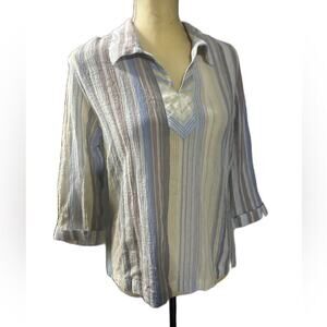 Vintage Blair 100% Cotton Linen Boho Stripe Pullover Shirt 3/4 Sleeve Size M